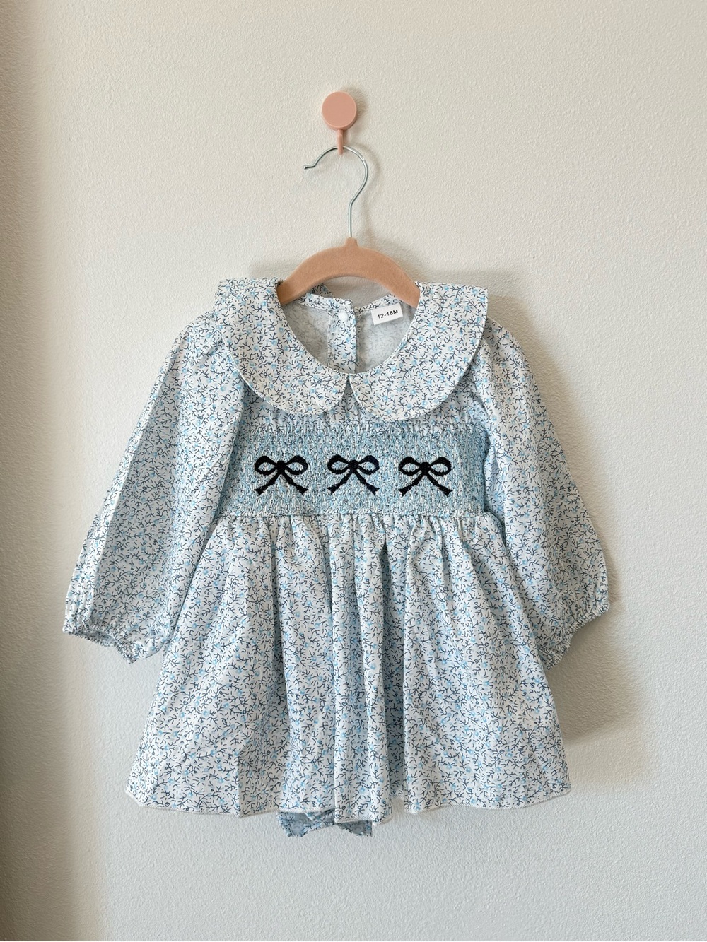 Classic Blue Floral Smocked Baby Dress with Peter Pan Collar 12-18M